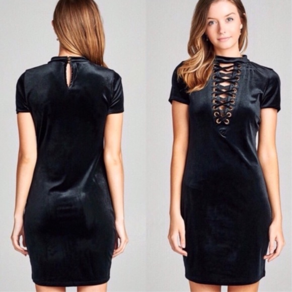Dresses & Skirts - Black Velvet Lace-Up Body Con Mini Dress